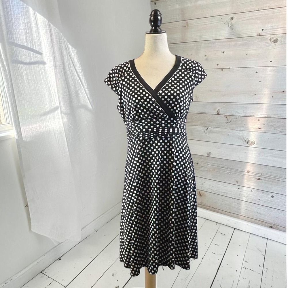 Black White Polka Dot Dress 10 Faux Wrap Bodice Cap Sleeve Rockabilly Pinup 50s